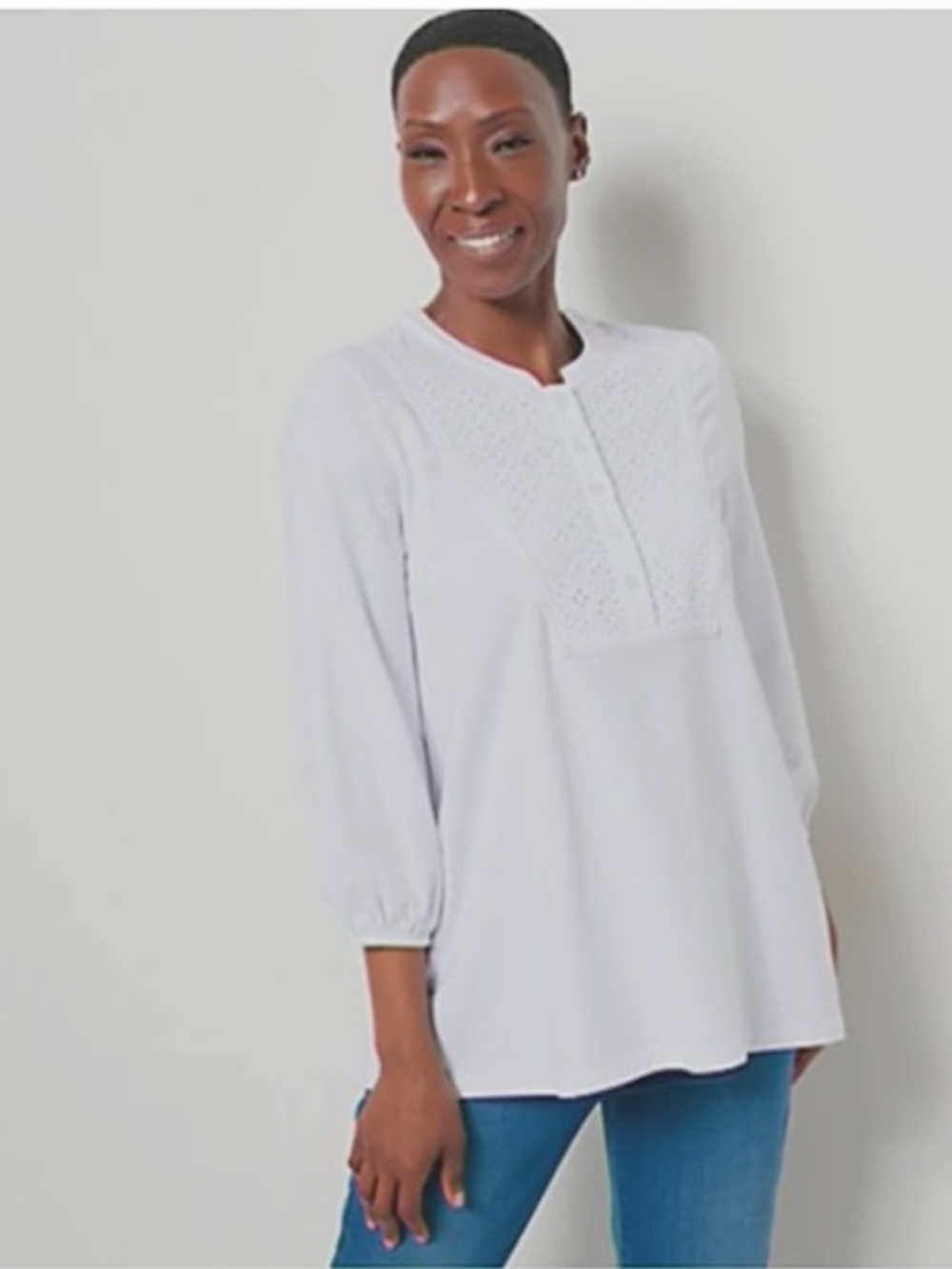 🐷 Isaac Mizrahi Live! Knit Half Placet White Eyelet Panel Top A498809 - Picture 8 of 13